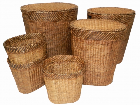 6pc oval water hyacinth baskets with rattan rim